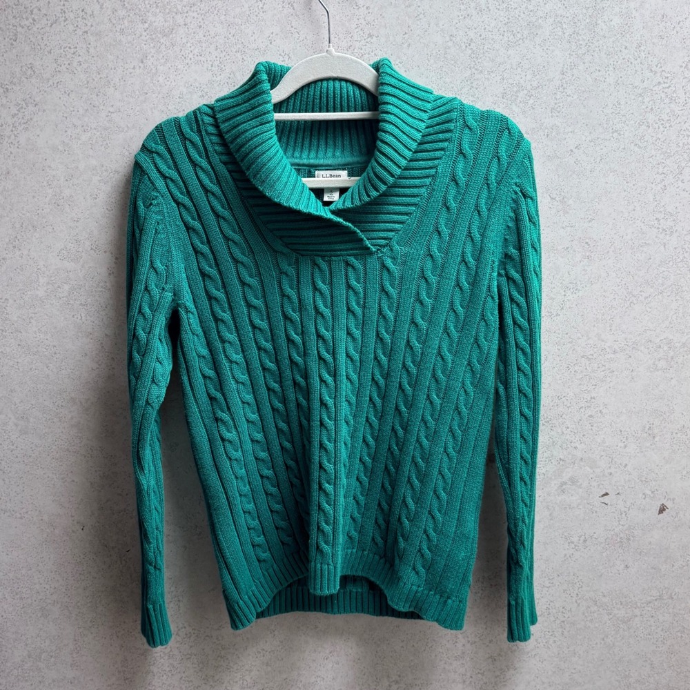 LLBean Small Womens Cotton Green Cable Knit Cowl Neck Classic‎ Cozy Warm Sweater